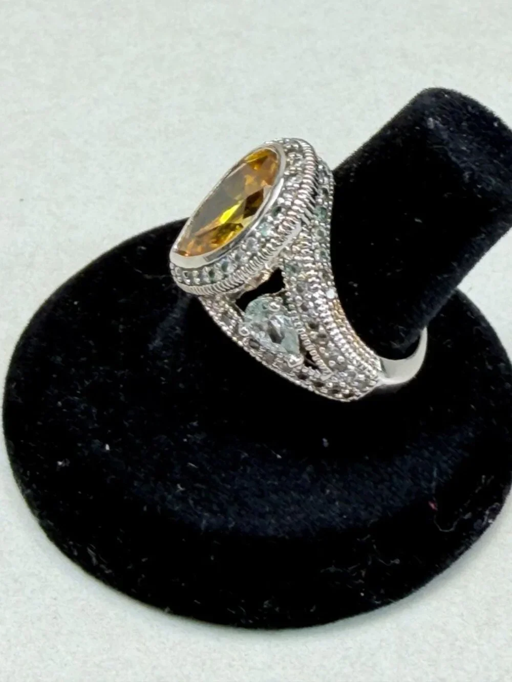 Silver Tone Citrine Glass Cocktail Ring Statement Vintage Style